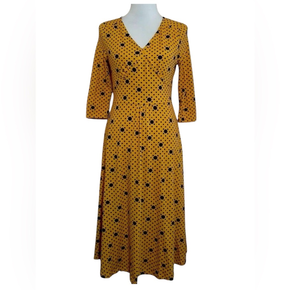 Yellow & Navy Polka Dots Midi Dress 3/4 Sleeves Frock Shop ModCloth Size Small